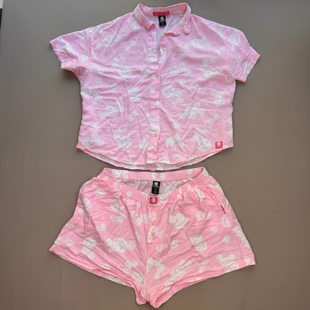 Joe Boxer Pink Smiley Face Pajama Set Womens Large Rayon Button Down and Shorts